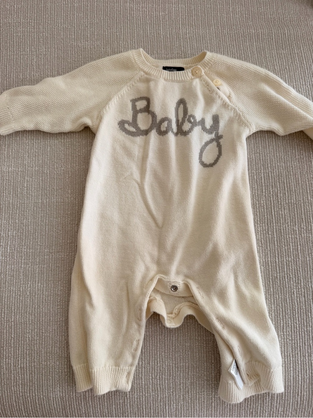 GAP Cream Knit One-Piece with Gray "Baby" Script 3-6M